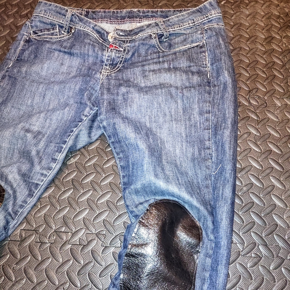 Rare slim straight GIRBAUD jeans, distressed custom goatskin knee covers. 31/32 - Picture 3 of 8